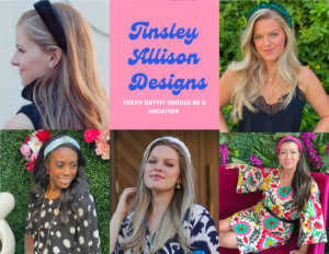 various models wearing caftans with the Tinsley Allison Designs logo written in cursive