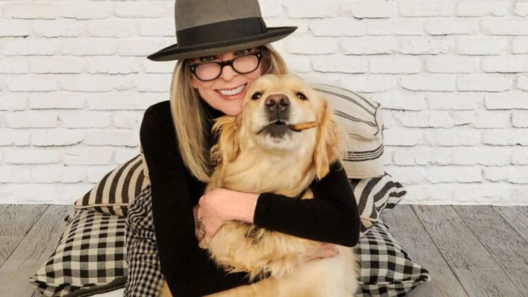 Diane Keaton posing with her dog, Reggie