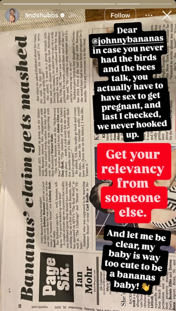 Lindsay Hubbard Claps back at johnny bananas on Instagram