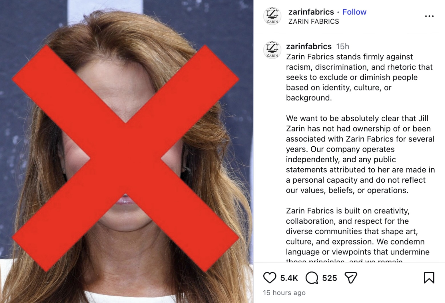 Jill Zarin exed out on Zarin Fabrics social media